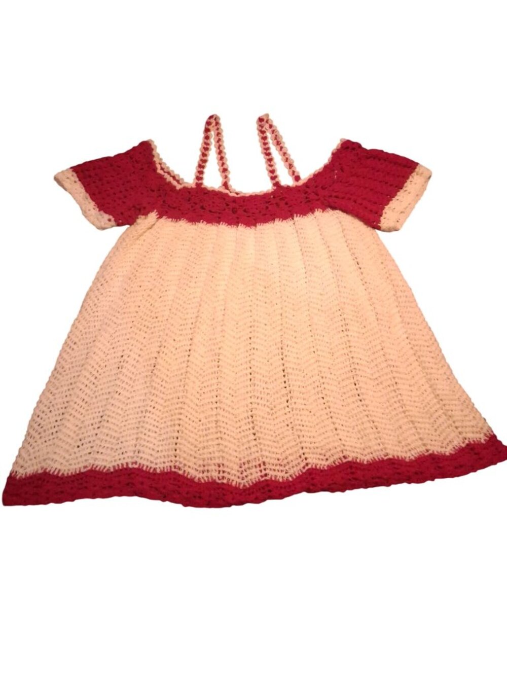 Handmade Crochet Dress With Red & White Pattern Short Sleeves And Strappy Detail